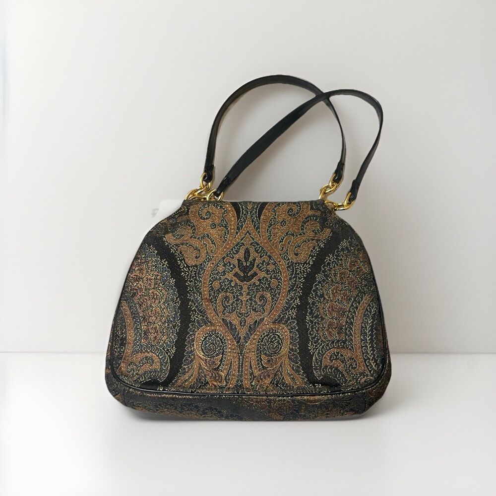 Bienen Davis Vintage Black Fabric Paisley Print Handbag Purse